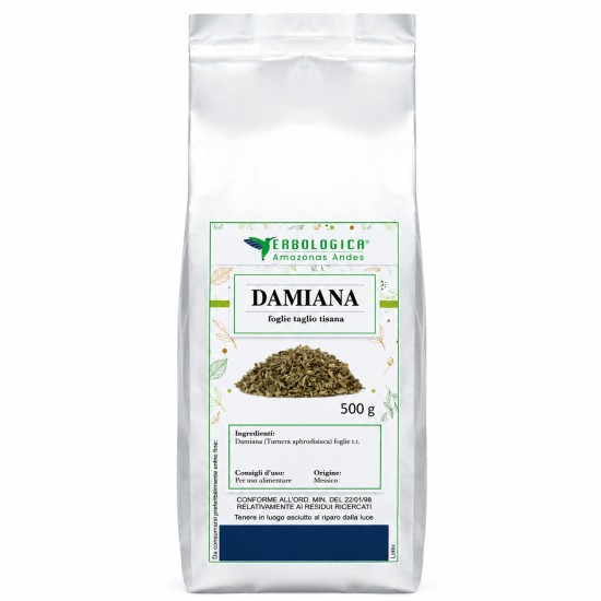 Busta richiudibile di Damiana Foglie Taglio Tisana 500 g Erbologica Amazonas Andes per infusi e tisane naturali.