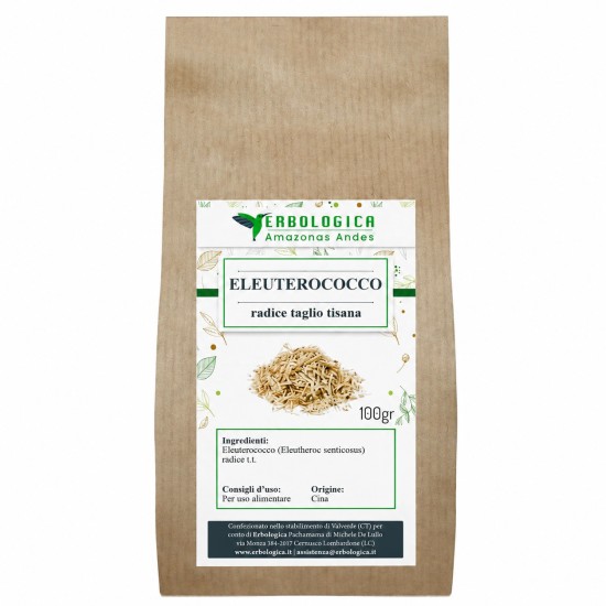 Busta di Eleuterococco radice taglio tisana 100gr Erbologica Amazonas Andes in confezione kraft con etichetta frontale per infuso naturale