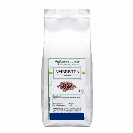 Pouch argento da 1 kg di Ambretta semi interi Erbologica Amazonas Andes con etichetta botanica frontale.