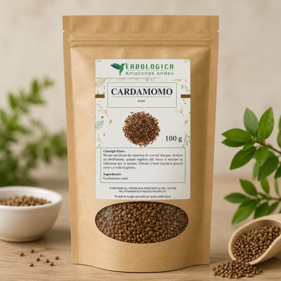 Sacchetto kraft da 100g di Cardamomo semi Erbologica Amazonas Andes con finestra trasparente e semi interi visibili