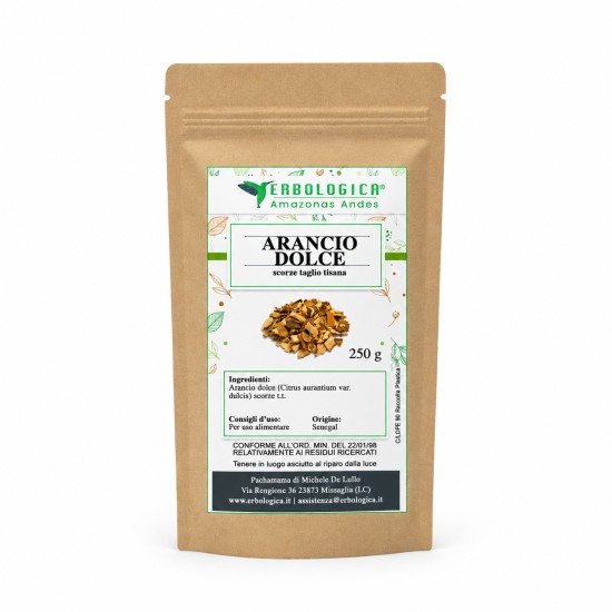 Arancio Dolce Scorze Taglio Tisana 250 g Erbologica Amazonas Andes Busta di carta kraft Erbologica Amazonas Andes con Arancio Dolce scorze taglio tisana 250 g ed etichetta botanica verde.