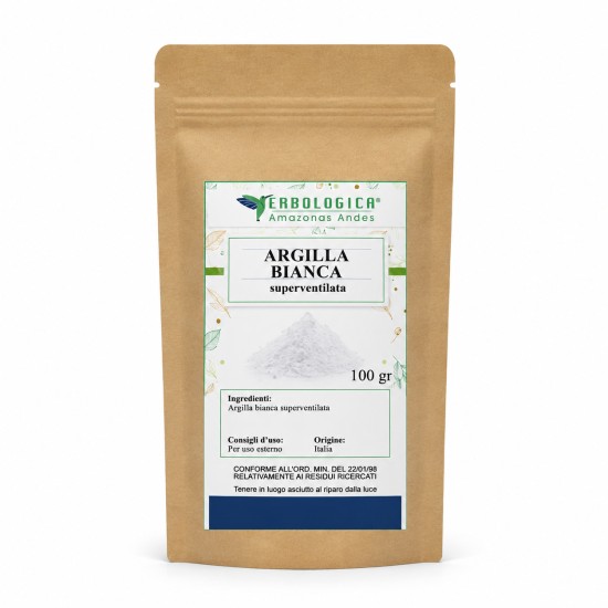 Argilla Bianca Superventilata 100 gr Erbologica Amazonas Andes Confezione in carta kraft Erbologica Amazonas Andes con Argilla Bianca Superventilata 100 gr ed etichetta botanica verde.