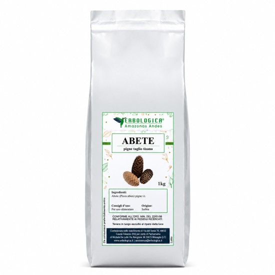 Abete Pigne Taglio Tisana 1kg Busta Argentata Erbologica Amazonas Andes Busta argentata Erbologica Amazonas Andes con Abete pigne taglio tisana 1kg ed etichetta botanica verde per uso alimentare.