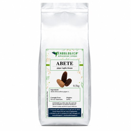 Abete Pigne Taglio Tisana 500gr Busta Argentata Erbologica Amazonas Andes Etichetta tisana abete Erbologica con pigne taglio tisana confezione 500g