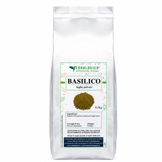 Busta argento da 500g di Basilico foglie in polvere Erbologica Amazonas Andes