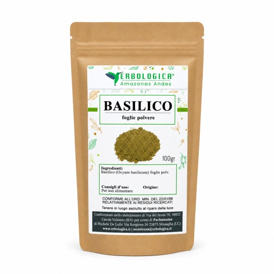 Basilico foglie in polvere (Ocimum basilicum) in busta kraft da 100g Erbologica Amazonas Andes