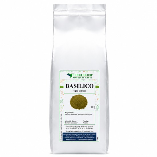 Confezione argentata da 1kg di Basilico foglie in polvere Erbologica Amazonas Andes