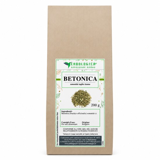 Betonica Sommità Taglio Tisana 200g Erbologica Amazonas Andes Sacchetto Kraft Sacchetto kraft da 200g di Betonica Sommità Taglio Tisana Erbologica Amazonas Andes con etichetta frontale e confezione in carta naturale.