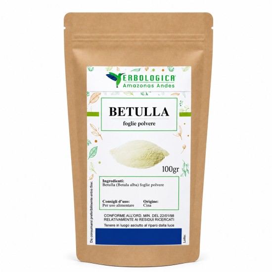 Betulla Foglie Polvere 100g Erbologica Amazonas Andes Busta Kraft Busta kraft da 100g di Betulla Foglie Polvere Erbologica Amazonas Andes con etichetta prodotto frontale.