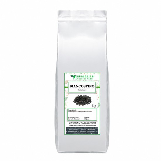 Biancospino Frutto Intero 1kg Erbologica Amazonas Andes Sacco Argentato Confezione argentata da 1kg di Biancospino Frutto Intero Erbologica Amazonas Andes
