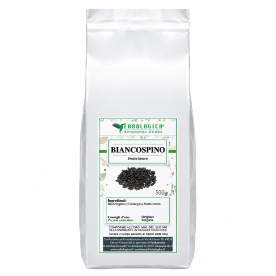 Biancospino Frutto Intero 500g Erbologica Amazonas Andes Pouch Argentato Pouch argentato da 500g di Biancospino Frutto Intero Erbologica Amazonas Andes