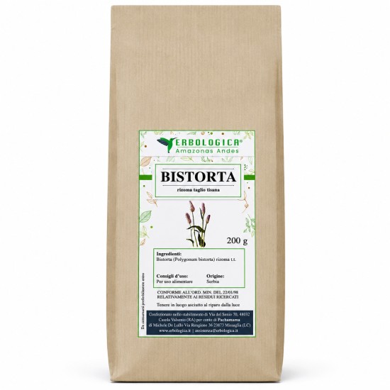 Bistorta Rizoma Taglio Tisana 200g Erbologica Amazonas Andes Sacchetto Kraft Sacchetto kraft da 200g di Bistorta Rizoma Taglio Tisana Erbologica Amazonas Andes con etichetta botanica frontale.