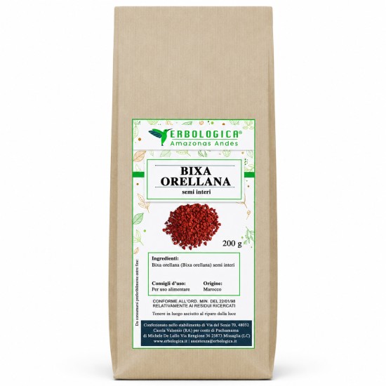 Sacchetto kraft da 200g di Bixa Orellana Semi Interi Erbologica Amazonas Andes con etichetta botanica frontale e semi rossi in evidenza.