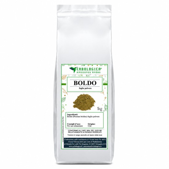 Boldo Foglie Polvere 1kg Erbologica Amazonas Andes Pouch Argentato Pouch argentato da 1kg di Boldo Foglie Polvere Erbologica Amazonas Andes con etichetta botanica frontale.