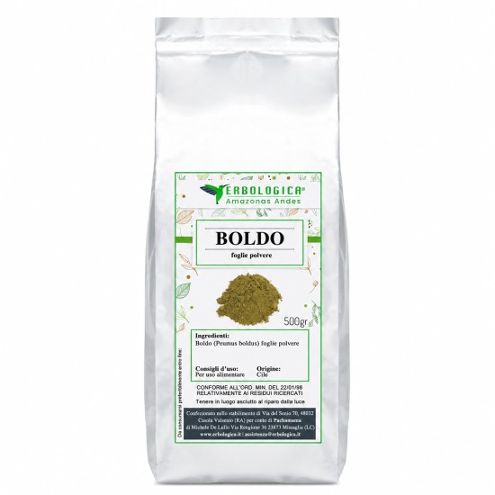 Boldo Foglie Polvere 500g Erbologica Amazonas Andes Busta Argentata Confezione argentata da 500g di Boldo Foglie Polvere Erbologica Amazonas Andes con etichetta botanica frontale.