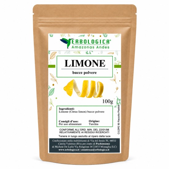 Busta kraft da 100g di Limone (Citrus limon) bucce polvere Erbologica Amazonas Andes con etichetta illustrata e scorza di limone su sfondo bianco.