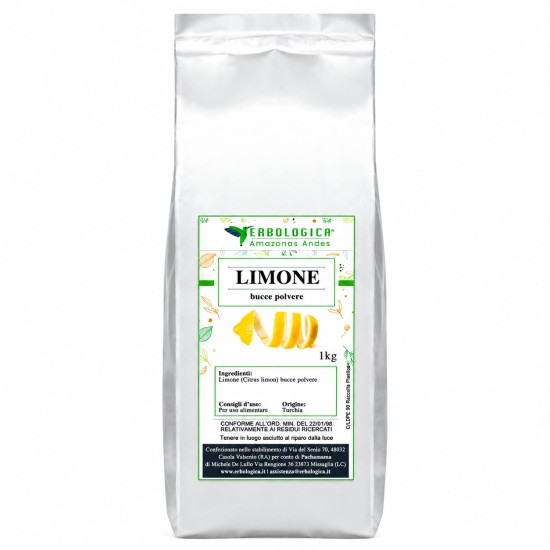 Sacco argentato da 1kg di Limone (Citrus limon) bucce polvere Erbologica Amazonas Andes con etichetta illustrata e scorza di limone su sfondo bianco.