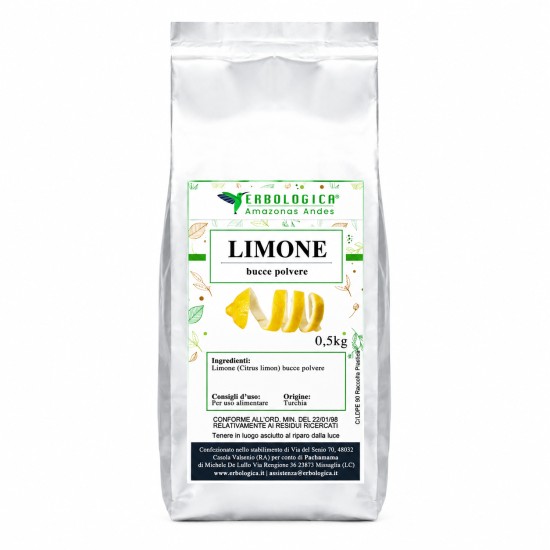 Pouch argentato da 500g di Limone (Citrus limon) bucce polvere Erbologica Amazonas Andes con etichetta illustrata e scorza di limone su sfondo bianco.