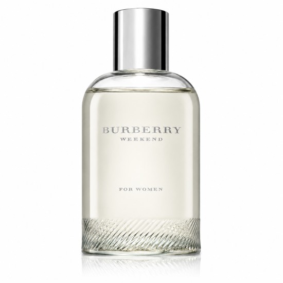 Burberry Weekend for Women Eau de Parfum 100 ml Flacone Profumo Donna Flacone da 100 ml di Burberry Weekend for Women Eau de Parfum con tappo argentato e base in vetro lavorato su sfondo bianco.