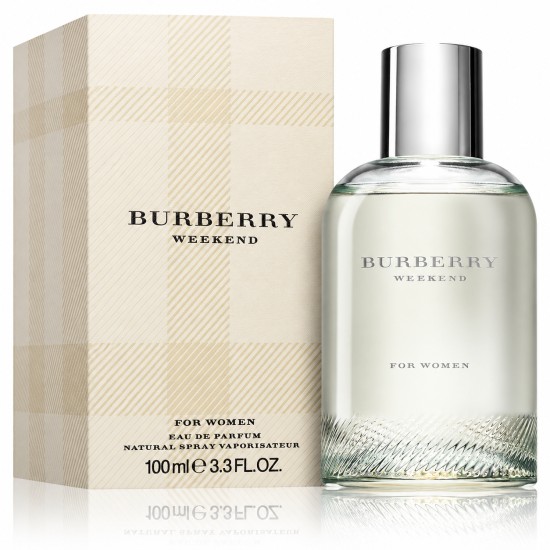 Burberry Weekend for Women Eau de Parfum 100 ml Confezione e Flacone Flacone e confezione di Burberry Weekend for Women Eau de Parfum 100 ml con design tartan beige e tappo argentato su sfondo bianco.