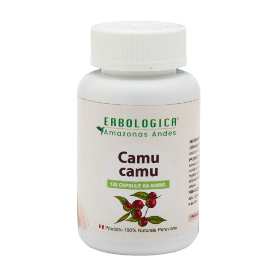 Flacone di Camu Camu (Myrciaria dubia) con 120 capsule da 500mg Erbologica Amazonas Andes integratore alimentare naturale peruviano.