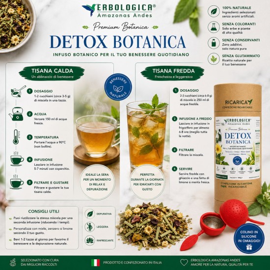 Detox Botanica Premium con Tarassaco, Ortica, Mate Verde, Lemongrass e Menta - Infuso naturale confezionato a mano in Italia