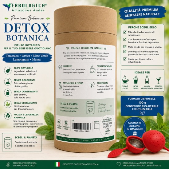 Detox Botanica Premium con Tarassaco, Ortica, Mate Verde, Lemongrass e Menta - Infuso naturale confezionato a mano in Italia