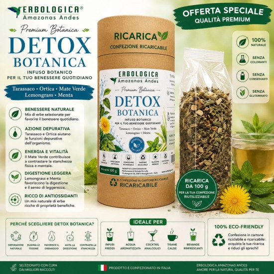 Detox Botanica Premium con Tarassaco, Ortica, Mate Verde, Lemongrass e Menta - Infuso naturale confezionato a mano in Italia