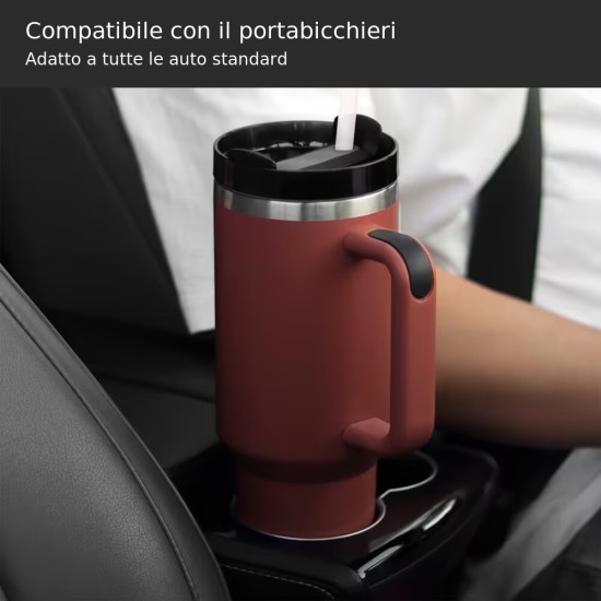 Bicchiere termico 1,18 litri rosa e rosso con manico Bicchiere termico 1,18 litri in acciaio inox rosa e rosso con manico, coperchio e cannuccia per auto, sport e viaggi