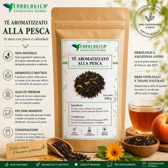 Tè nero alla pesca narturale Tè alla pesca nero naturale con tè nero, pezzetti di pesca, fiori di calendula e aroma naturale di pesca