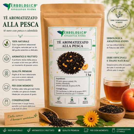 Tè nero alla pesca narturale Tè alla pesca nero naturale con tè nero, pezzetti di pesca, fiori di calendula e aroma naturale di pesca