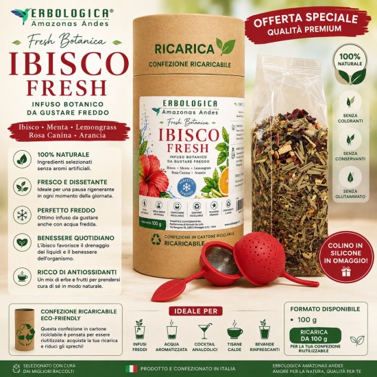 Ibisco Fresh infuso botanico con ibisco, menta piperita, lemongrass, rosa canina e scorza d'arancia della linea Botanica Premium