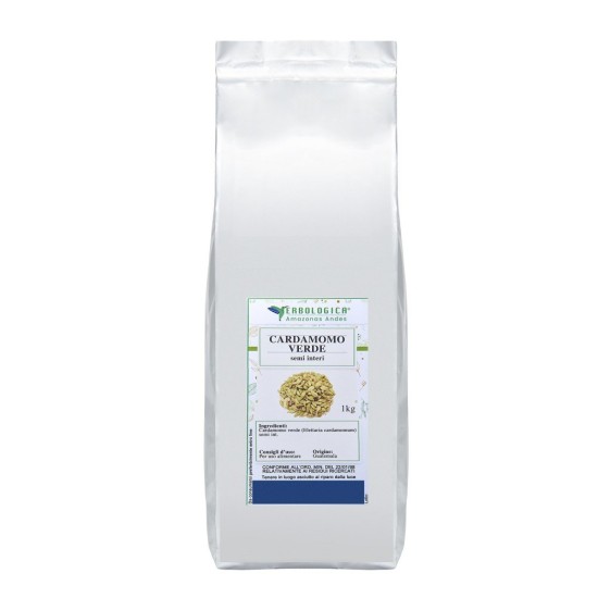 Confezione argentata da 1kg di Cardamomo Verde (Elettaria cardamomum) semi interi Erbologica Amazonas Andes
