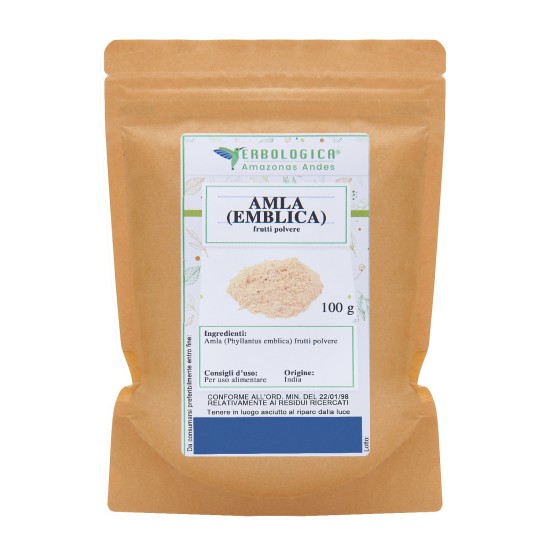 Busta kraft da 100 g di Amla (Emblica) frutti in polvere Erbologica Amazonas Andes con etichetta illustrata frontale.