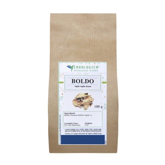 Sacchetto kraft da 100g di Boldo Foglie Taglio Tisana Erbologica Amazonas Andes con etichetta botanica frontale.
