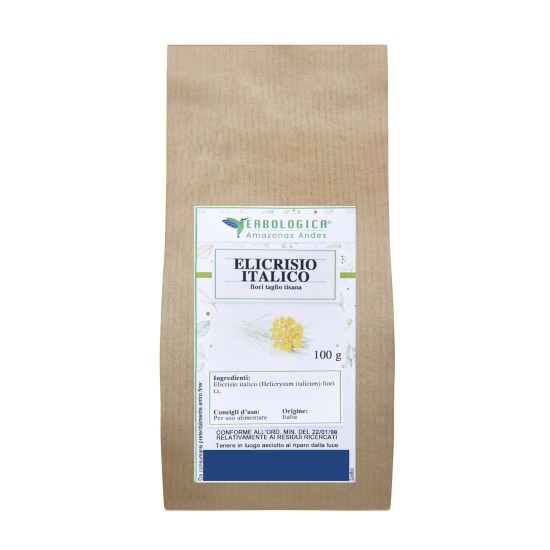 Elicriso Fiori Tisana 100gr Erbologica Amazonas Andes Busta di Elicriso fiori tisana 100gr Erbologica Amazonas Andes con confezione kraft ed etichetta frontale per infuso naturale