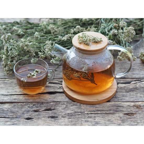 Tisana di achillea servita in teiera e tazza di vetro con fiori essiccati su tavolo in legno