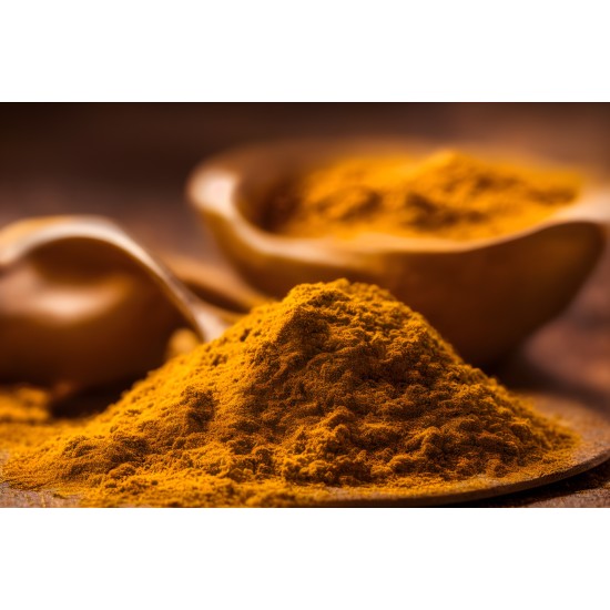 Cumulo di curry in polvere naturale con ciotole di spezie sullo sfondo, spezia aromatica Erbologica Amazonas Andes.