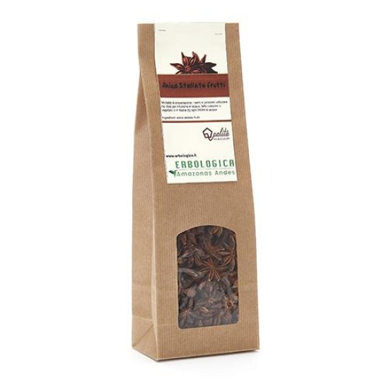 Anice Stellato intero in busta kraft Erbologica Amazonas Andes Busta kraft Erbologica Amazonas Andes con finestra trasparente contenente anice stellato intero.