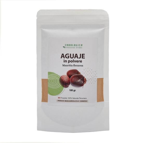 Confezione di Aguaje in polvere 100 grammi Erbologica Amazonas Andes in busta richiudibile bianca.