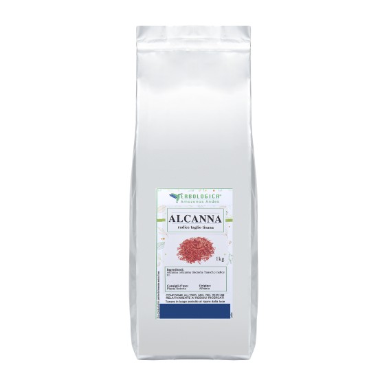 Grande confezione da 1 kg di Alcanna radice taglio tisana in busta argentata Erbologica Amazonas Andes.