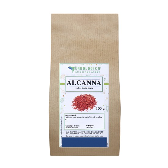 Confezione in carta di Alcanna radice taglio tisana da 100 grammi Erbologica Amazonas Andes.