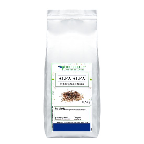 Alfa Alfa Sommità Tisana 500g in Busta Richiudibile Confezione da 500 g di Alfa Alfa sommità taglio tisana Erbologica Amazonas Andes in busta argentata richiudibile per infusi naturali.