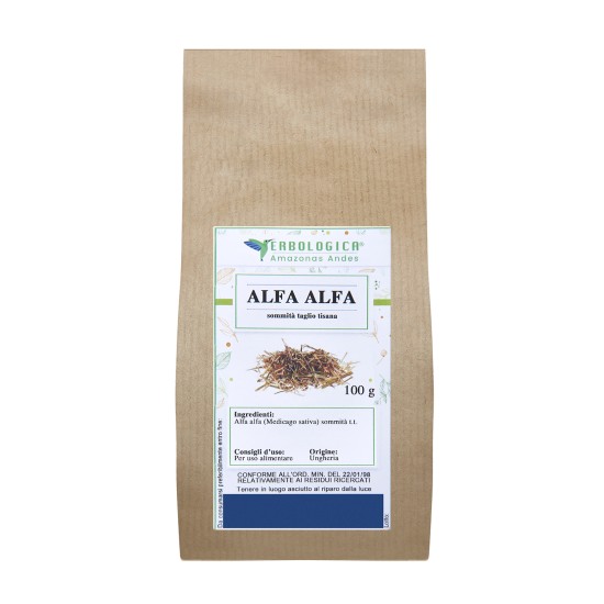 Alfa Alfa Sommità Taglio Tisana 100g Erbologica Amazonas Andes Confezione in carta kraft da 100 g di Alfa Alfa sommità taglio tisana Erbologica Amazonas Andes per infusi naturali ed erboristeria.