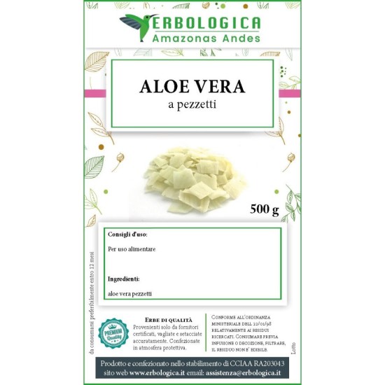 Confezione di Aloe Vera a pezzetti da 500 g del marchio Erbologica Amazonas Andes con immagine del prodotto essiccato.