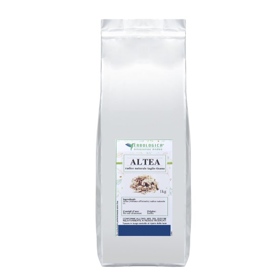 Confezione argento da 1 kg di Altea radice naturale taglio tisana Erbologica Amazonas Andes con etichetta illustrata frontale.