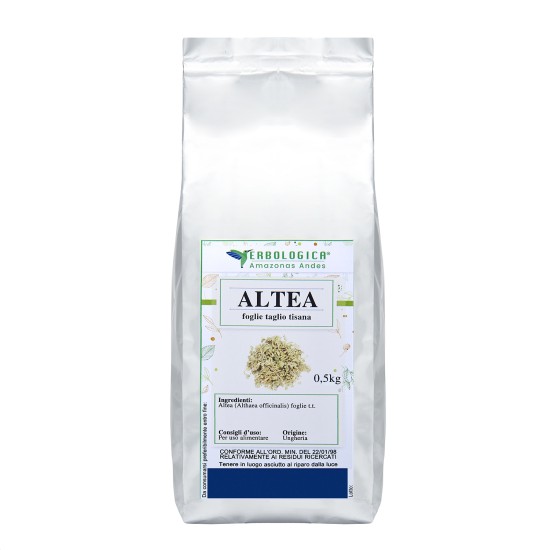 Sacchetto argento da 500 g di Altea foglie taglio tisana Erbologica Amazonas Andes con etichetta frontale del prodotto.