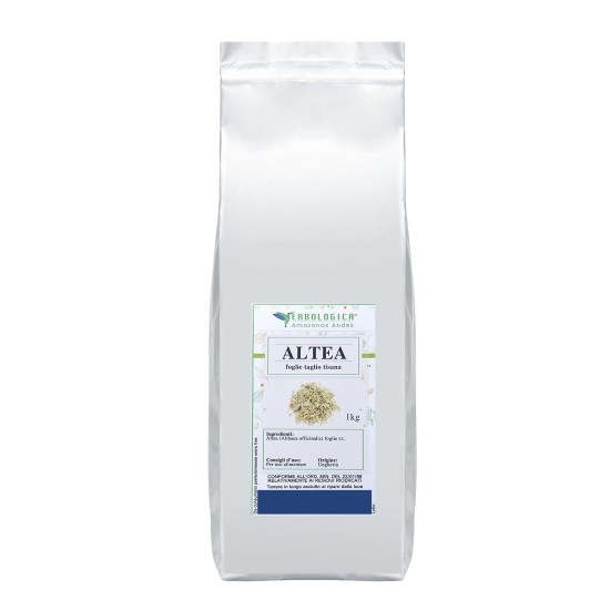 Sacco argento da 1 kg di Altea foglie taglio tisana Erbologica Amazonas Andes con etichetta illustrata frontale.