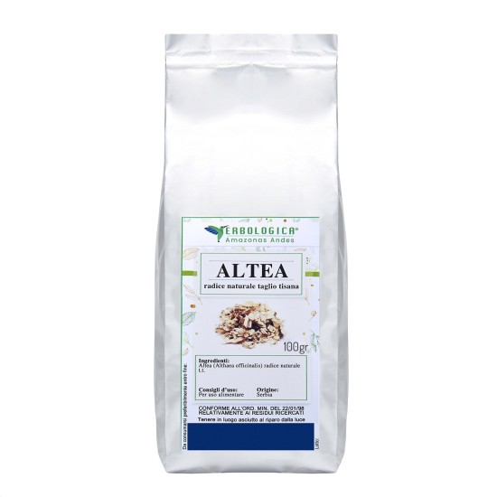 Sacco argento da 100 g di Altea radice naturale taglio tisana Erbologica Amazonas Andes con etichetta illustrata frontale.