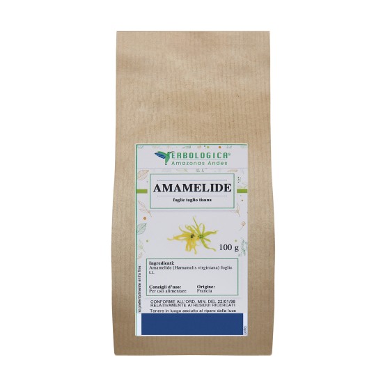 Busta kraft da 100 g di Amamelide foglie taglio tisana Erbologica Amazonas Andes con etichetta botanica frontale.